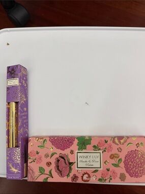 WINKY LUX Pink Floral Eyeshadow Palette with Purple Gold-Accented brow pencil